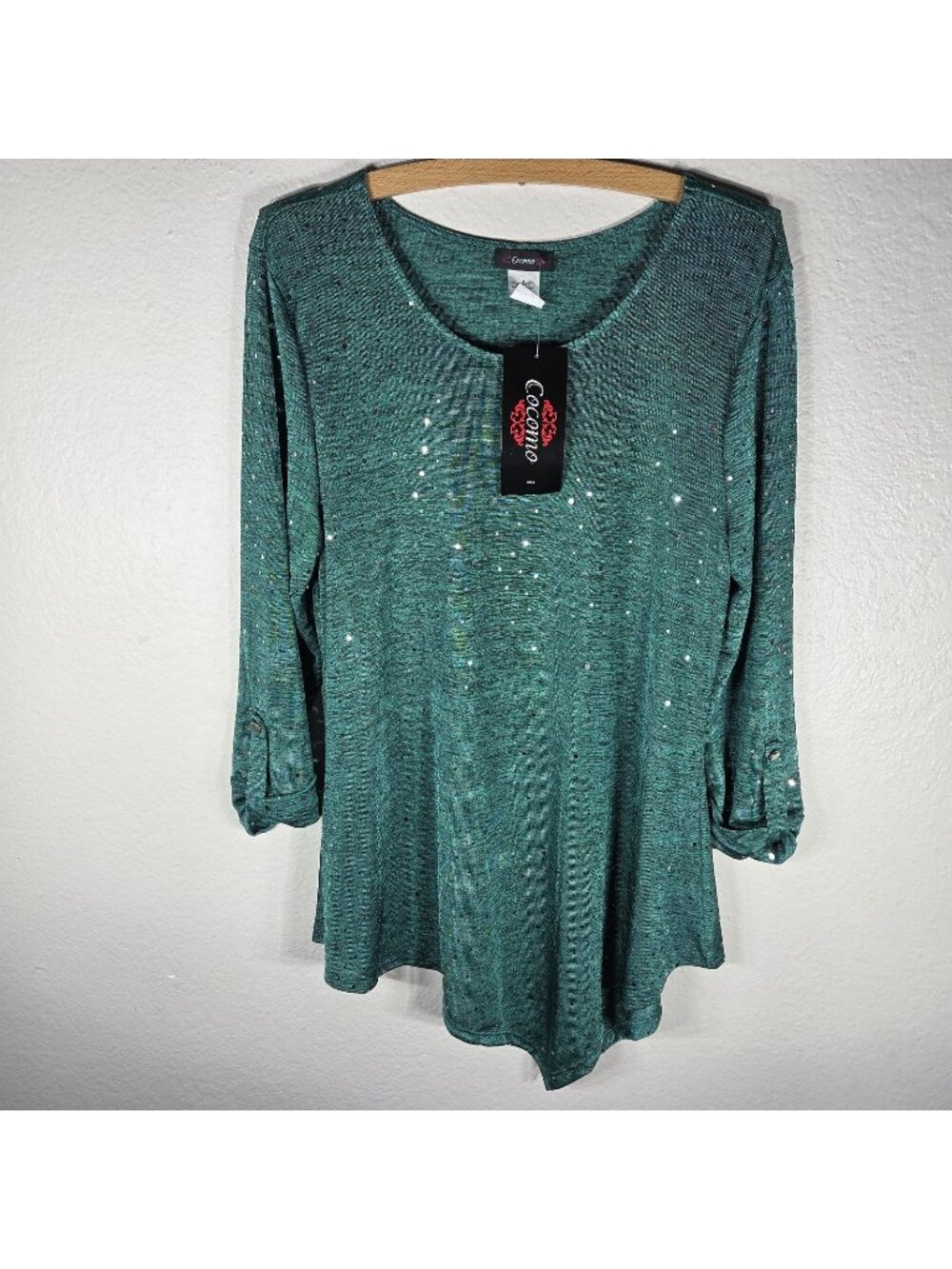 Cocomo Teal Green Sequin Assymetrical Tunic Blouse Size L Round Neck